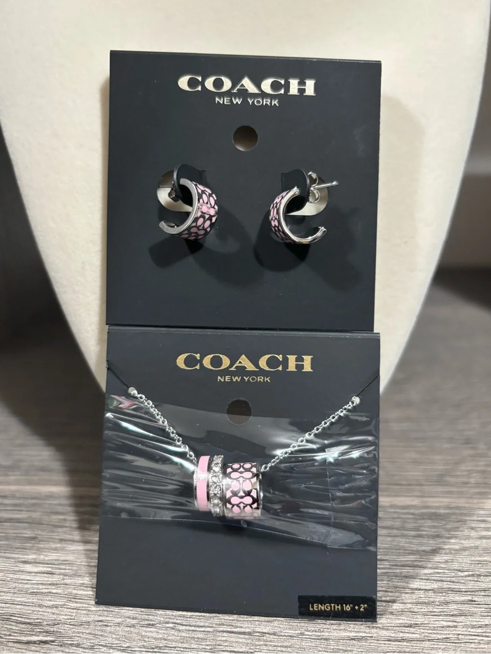 NWT Coach Signature Huggie Cuff earrings and a matching pendant necklace